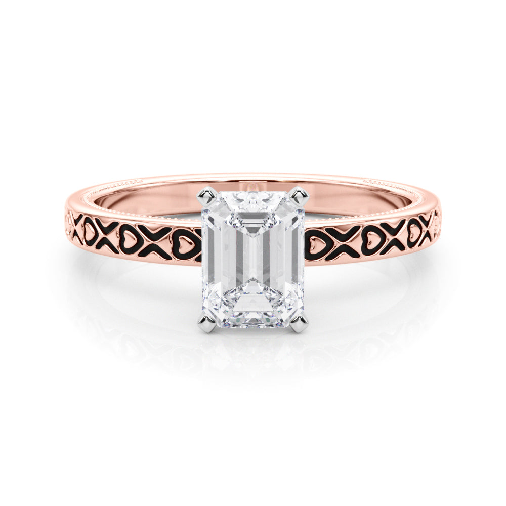 Rose gold Radiant Solitaire Diamond Engagement Ring with XO Engraved Band and Four-Prong Setting