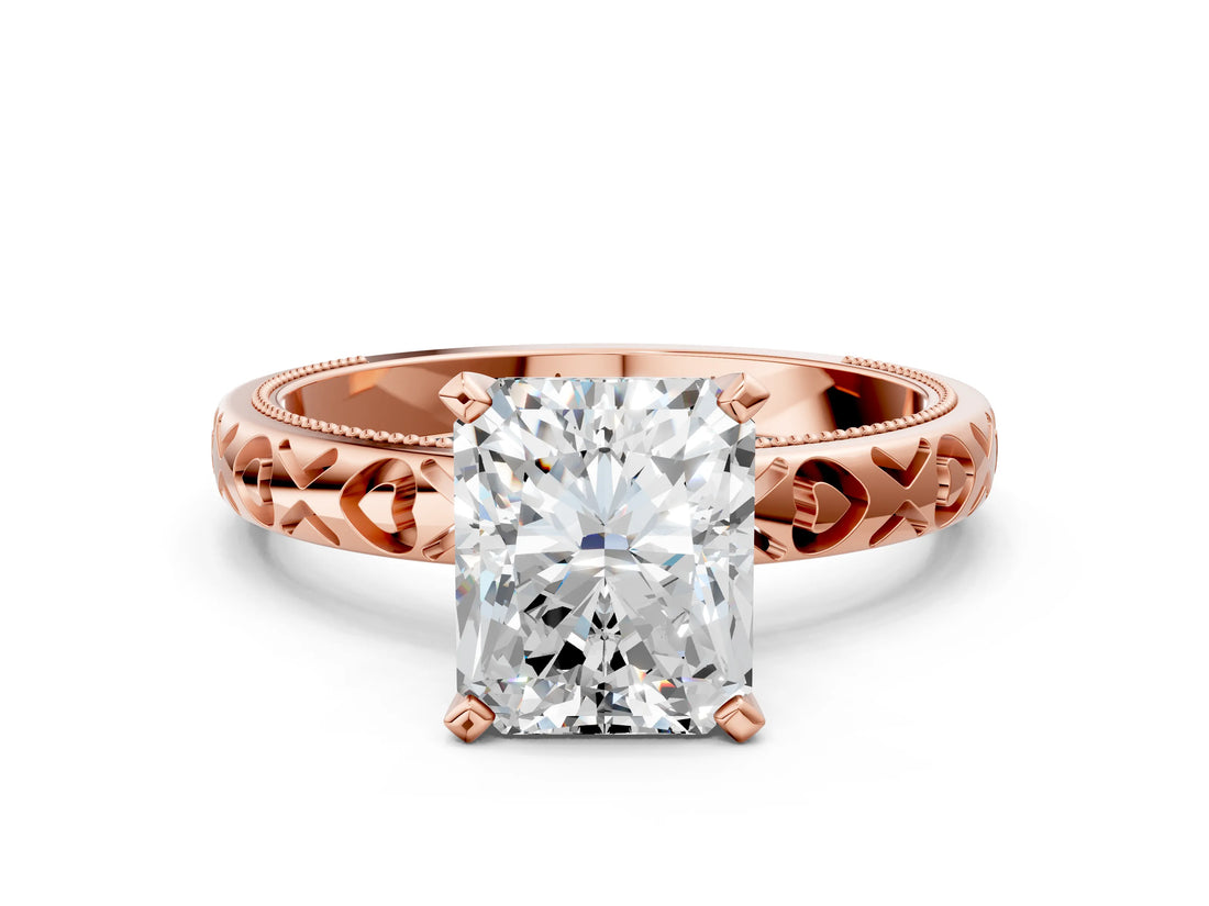 Rose gold Radiant Solitaire Diamond Engagement Ring with XO Engraved Band and Four-Prong Setting
