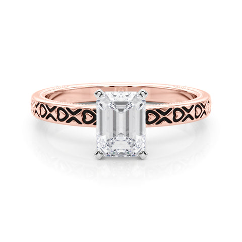 Rose gold Radiant Solitaire Diamond Engagement Ring with XO Engraved Band and Four-Prong Setting