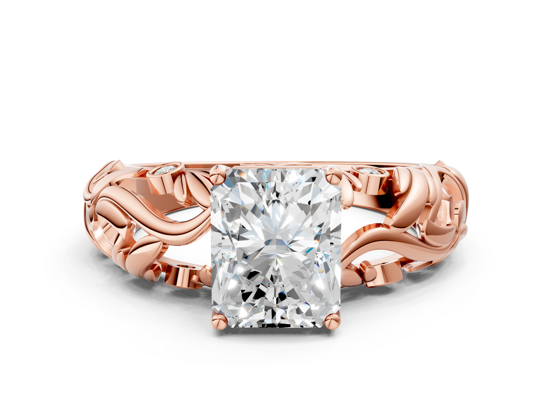 Rose gold Radiant Solitaire Diamond Leaf Vine Band with Prong Setting_50