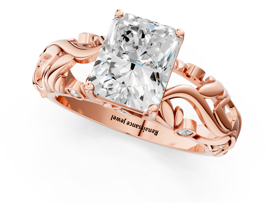 Rose gold Radiant Cut Solitaire Diamond Leaf-Inspired Vine Band Ring with Prong Setting