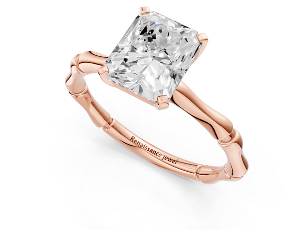 Rose gold Radiant Solitaire Diamond Ring with Bamboo Band and Four-Prong Setting