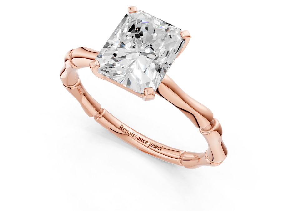 Rose gold Radiant Solitaire Diamond Ring with Bamboo Band and Four-Prong Setting
