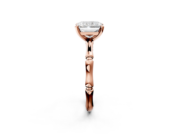Rose gold Radiant Solitaire Diamond Ring with Bamboo Band and Four-Prong Setting
