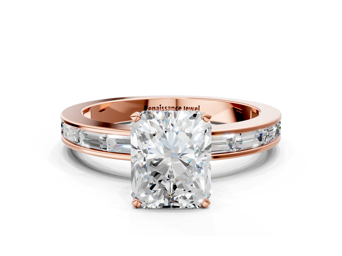 Rose gold Radiant Solitaire Diamond Ring with Channel-Set Baguette Band and Four-Prong Setting_89