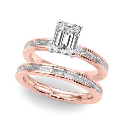 Rose gold Radiant Solitaire Diamond Ring with Channel-Set Baguette Band and Four-Prong Setting