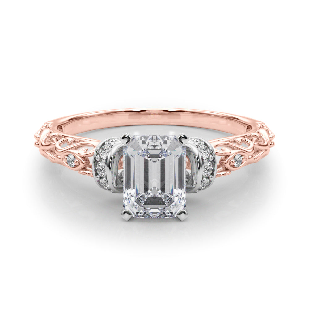 Rose gold Radiant Solitaire Diamond Ring with Filigree Band and Four-Prong Setting