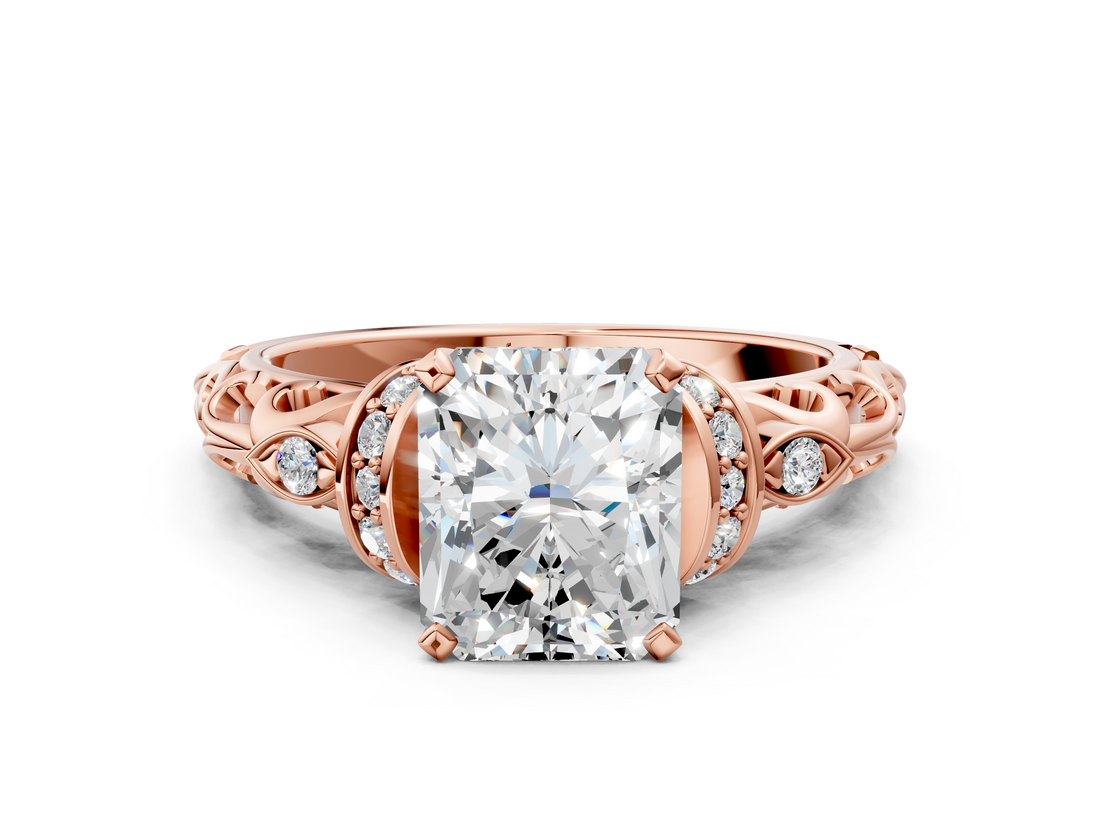Rose gold Radiant Solitaire Diamond Ring with Filigree Band and Four-Prong Setting_63