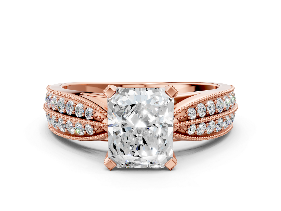 Rose gold Radiant Solitaire Diamond Ring with Milgrain Pavé Band and Four-Prong Setting_36