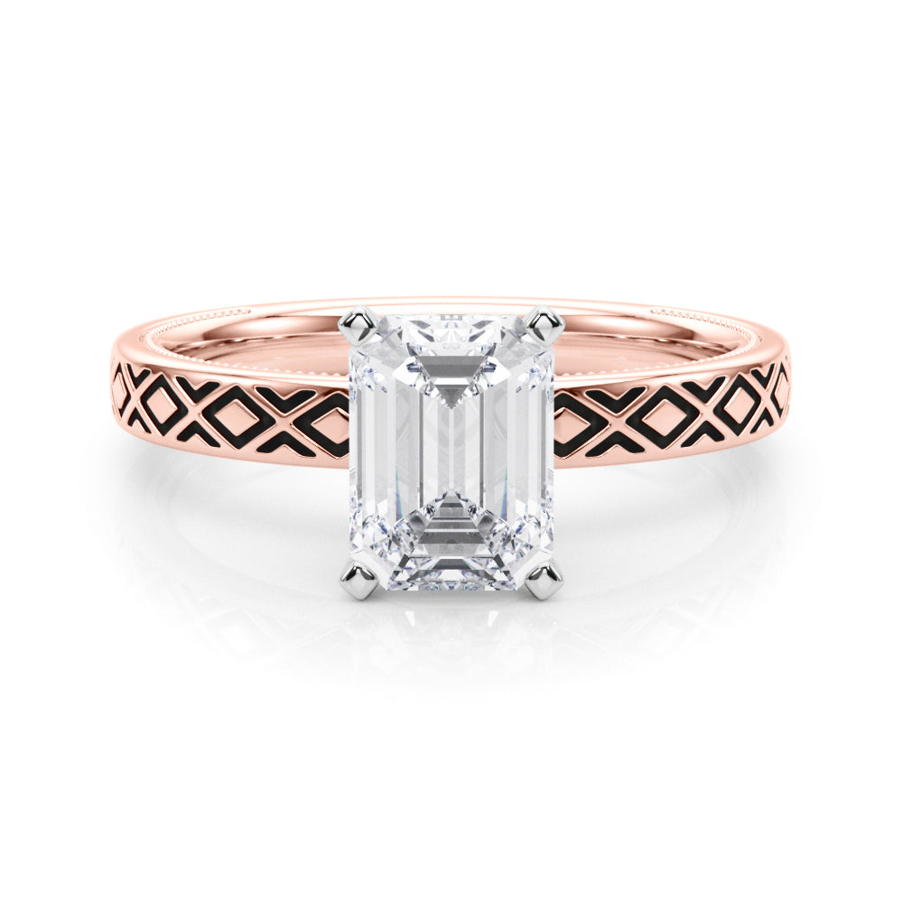 Rose gold Radiant Solitaire Diamond Ring with Milgrain and Black Enamel X Pattern Band