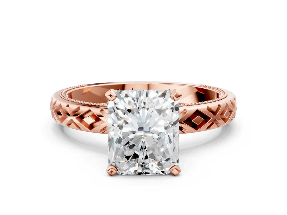 Rose gold Radiant Solitaire Diamond Ring with Milgrain and Black Enamel X Pattern Band_209