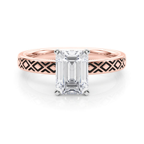 Rose gold Radiant Solitaire Diamond Ring with Milgrain and Black Enamel X Pattern Band