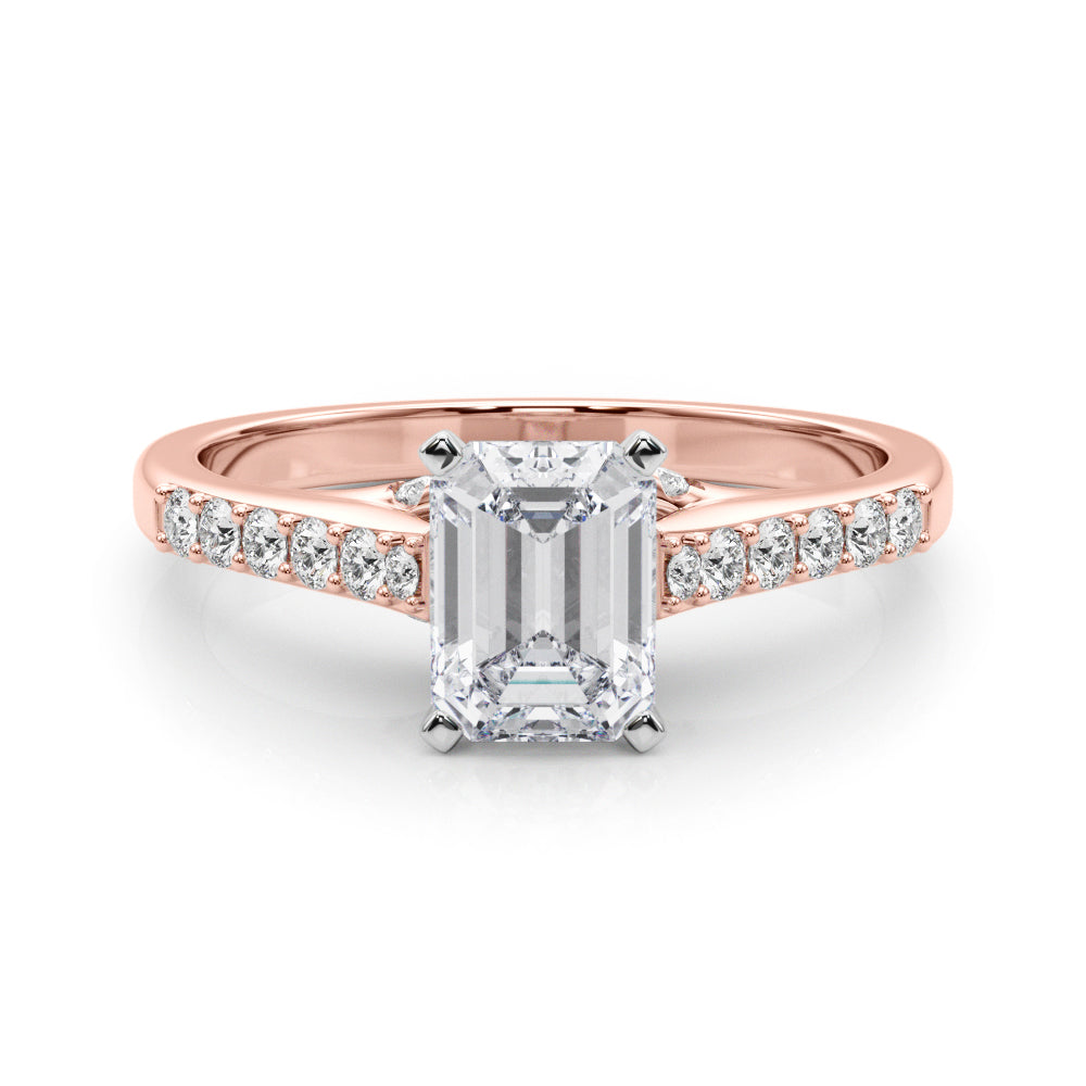 Rose gold Radiant Solitaire Diamond Ring with Pavé Band and Four-Prong Setting