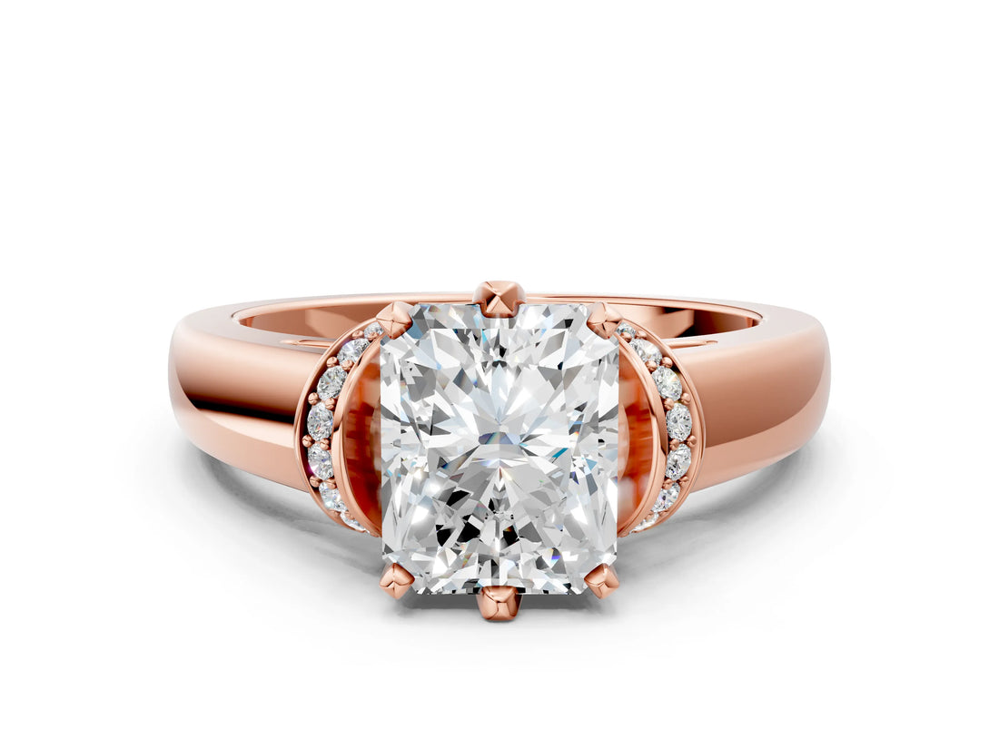 Rose gold Radiant Solitaire Diamond Ring with Pave Band and Six-Prong Setting_35