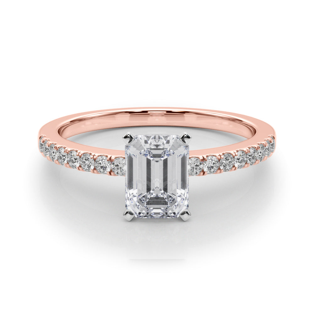 Rose gold Radiant Solitaire Diamond with Pavé Band and Four-Prong Setting
