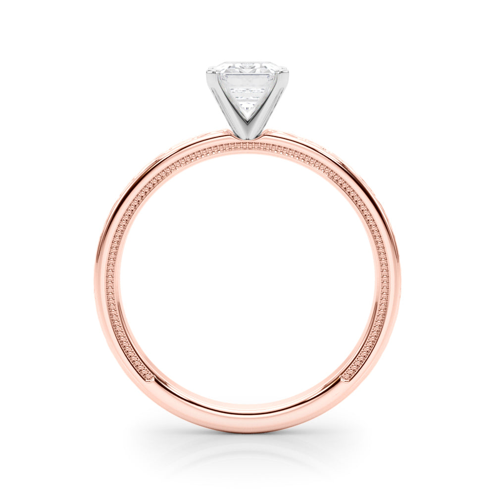 Rose gold Radiant Solitaire Engagement Ring with Scrollwork Band and Four-Prong Setting 1