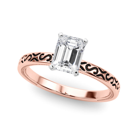 Rose gold Radiant Solitaire Engagement Ring with Scrollwork Band and Four-Prong Setting 2