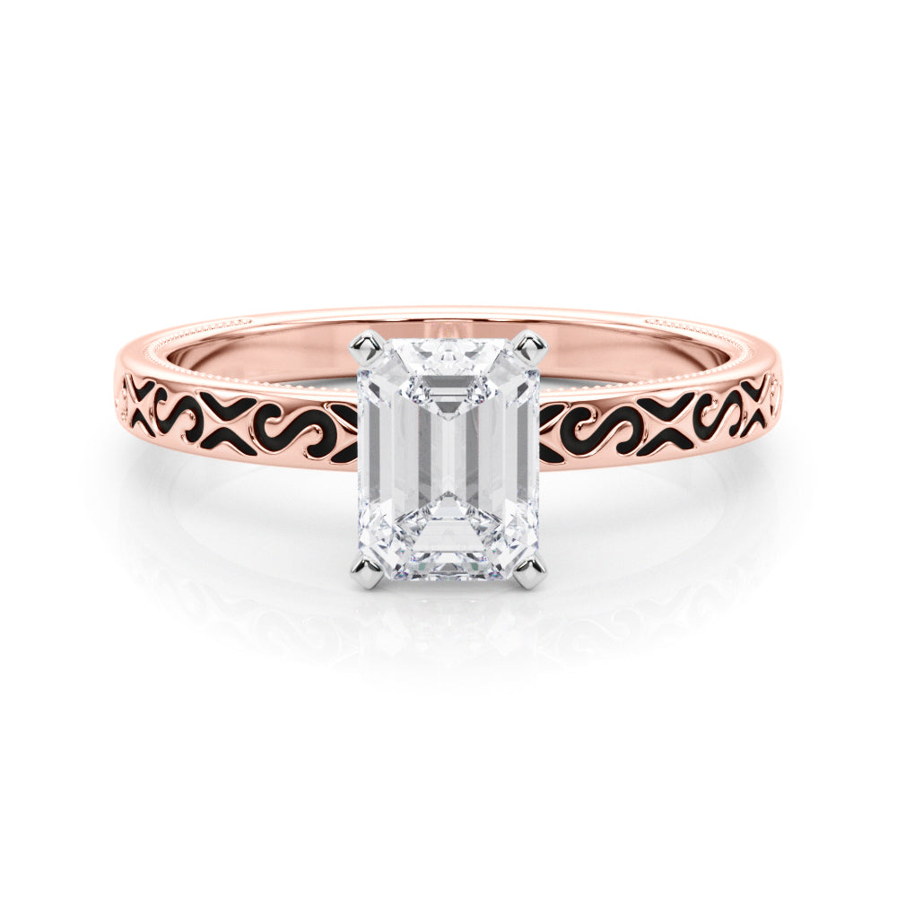 Rose gold Radiant Solitaire Engagement Ring with Scrollwork Band and Four-Prong Setting