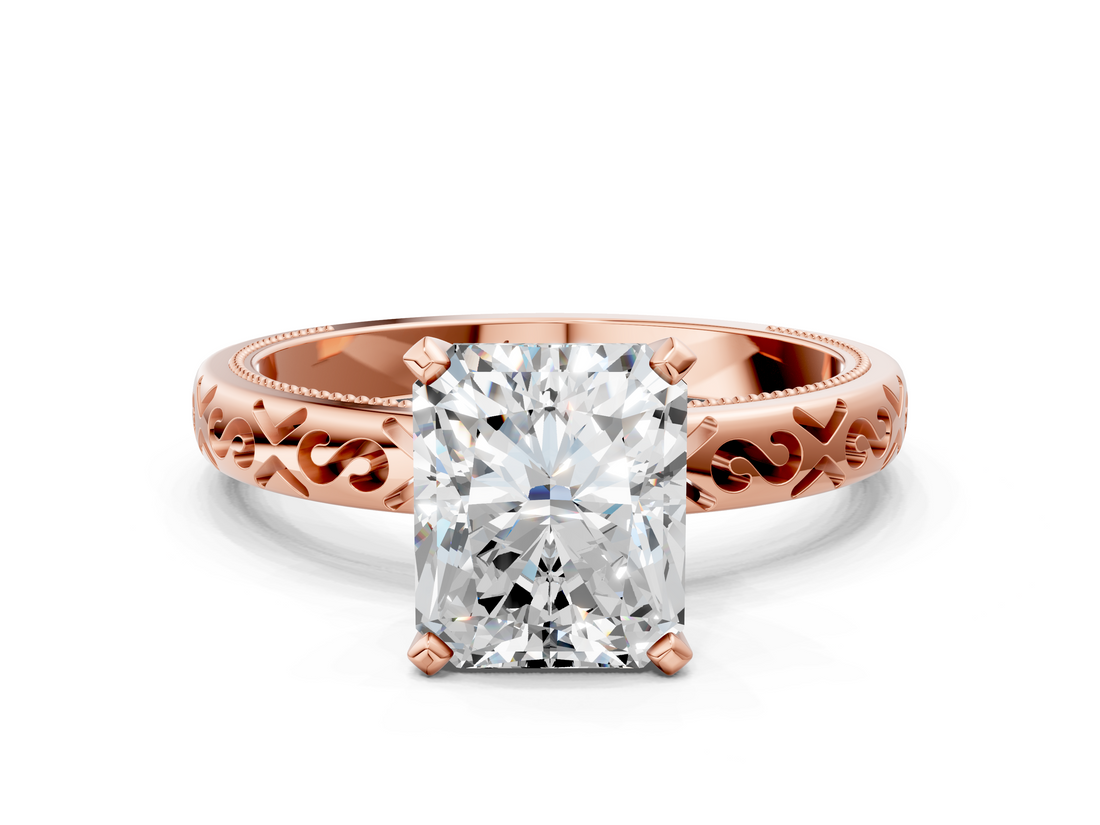 Rose gold Radiant Solitaire Engagement Ring with Scrollwork Band and Four-Prong Setting_163