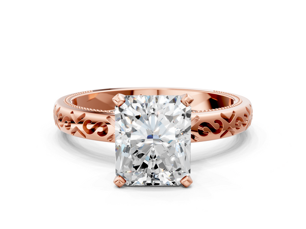Rose gold Radiant Solitaire Engagement Ring with Scrollwork Band and Four-Prong Setting