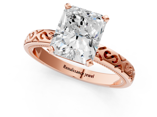 Rose gold Radiant Solitaire Engagement Ring with Scrollwork Band and Four-Prong Setting