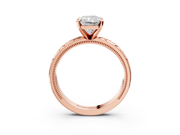Rose gold Radiant Solitaire Engagement Ring with Scrollwork Band and Four-Prong Setting