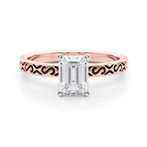 Rose gold Radiant Solitaire Engagement Ring with Scrollwork Band and Four-Prong Setting