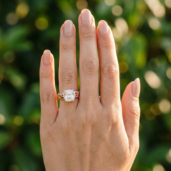Rose gold Radiant Solitaire Filigree Engagement Ring with Halo and Prong Setting