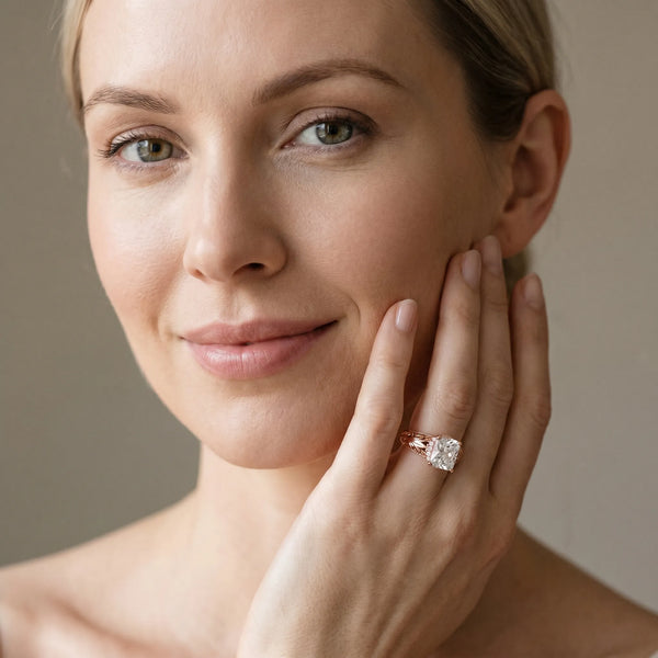 Rose gold Radiant Solitaire Filigree Engagement Ring with Halo and Prong Setting