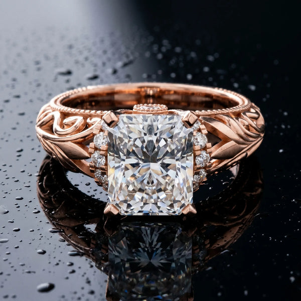 Rose gold Radiant Solitaire Filigree Engagement Ring with Halo and Prong Setting