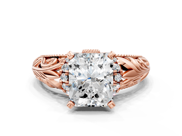 Rose gold Radiant Solitaire Filigree Engagement Ring with Halo and Prong Setting