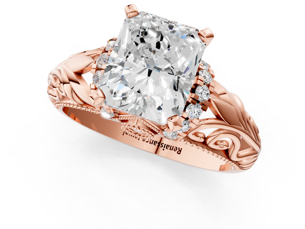 Rose gold Radiant Solitaire Filigree Engagement Ring with Halo and Prong Setting