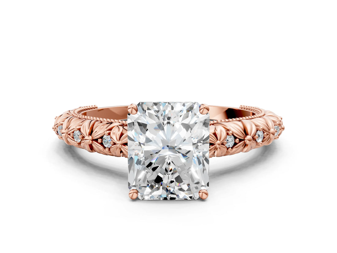 Rose gold Radiant Solitaire Floral Milgrain Engagement Ring_31