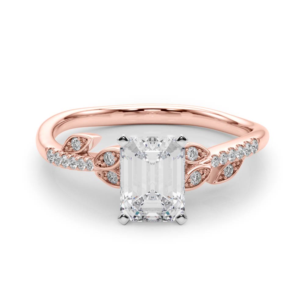 Rose gold Radiant Solitaire Leaf-Inspired Diamond Ring with Pavé Band and Four-Prong Setting