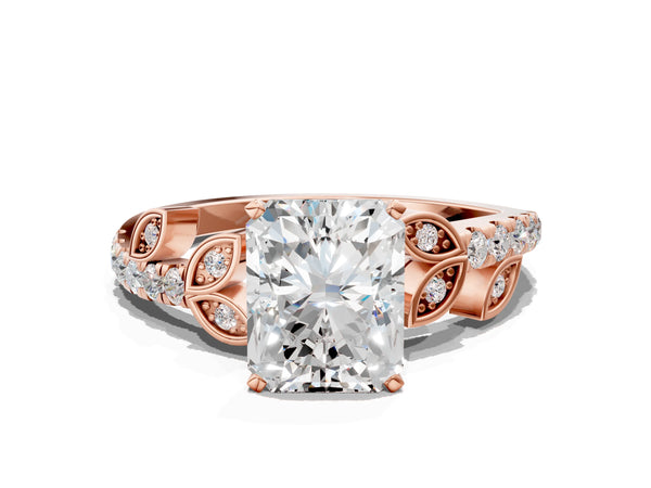 Rose gold Radiant Solitaire Leaf-Inspired Diamond Ring with Pavé Band and Four-Prong Setting