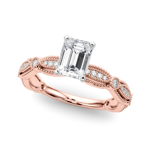 Rose gold Radiant Solitaire Milgrain Diamond Engagement Ring with Bezel and Marquise Band 2
