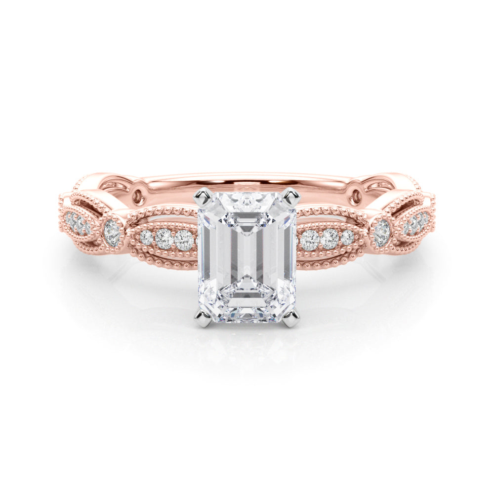 Rose gold Radiant Solitaire Milgrain Diamond Engagement Ring with Bezel and Marquise Band
