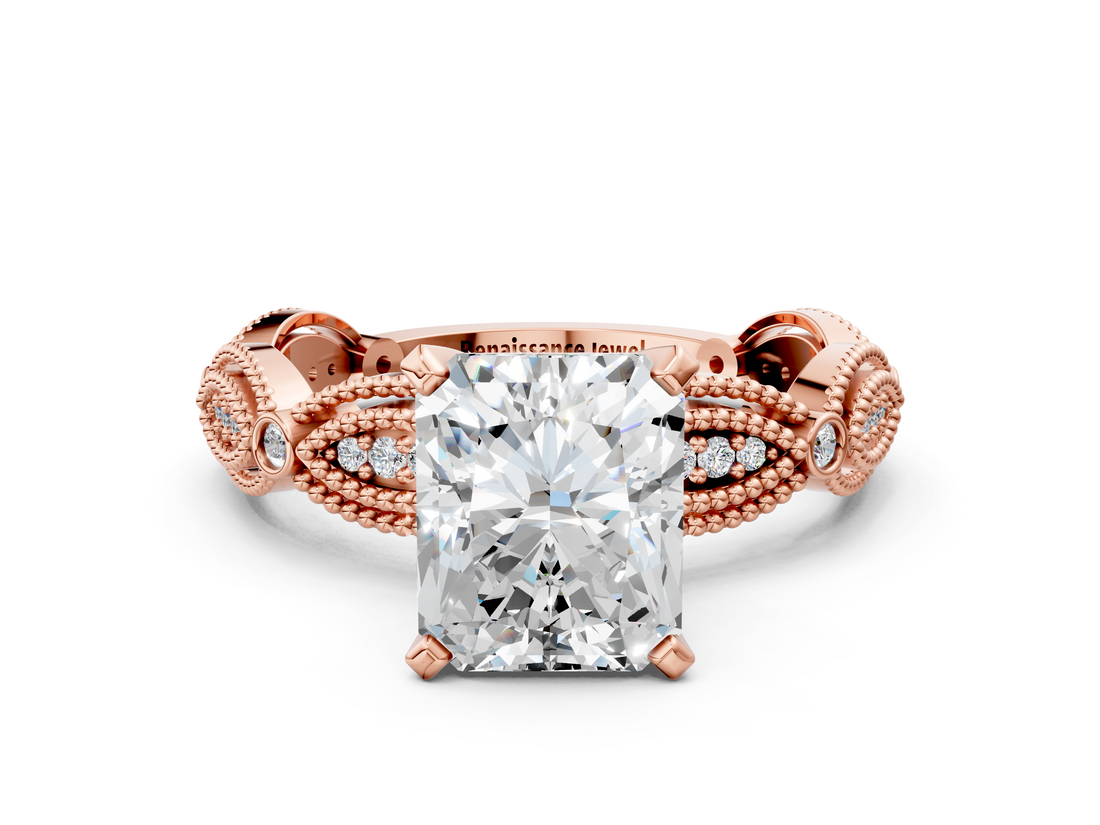 Rose gold Radiant Solitaire Milgrain Diamond Engagement Ring with Bezel and Marquise Band_128