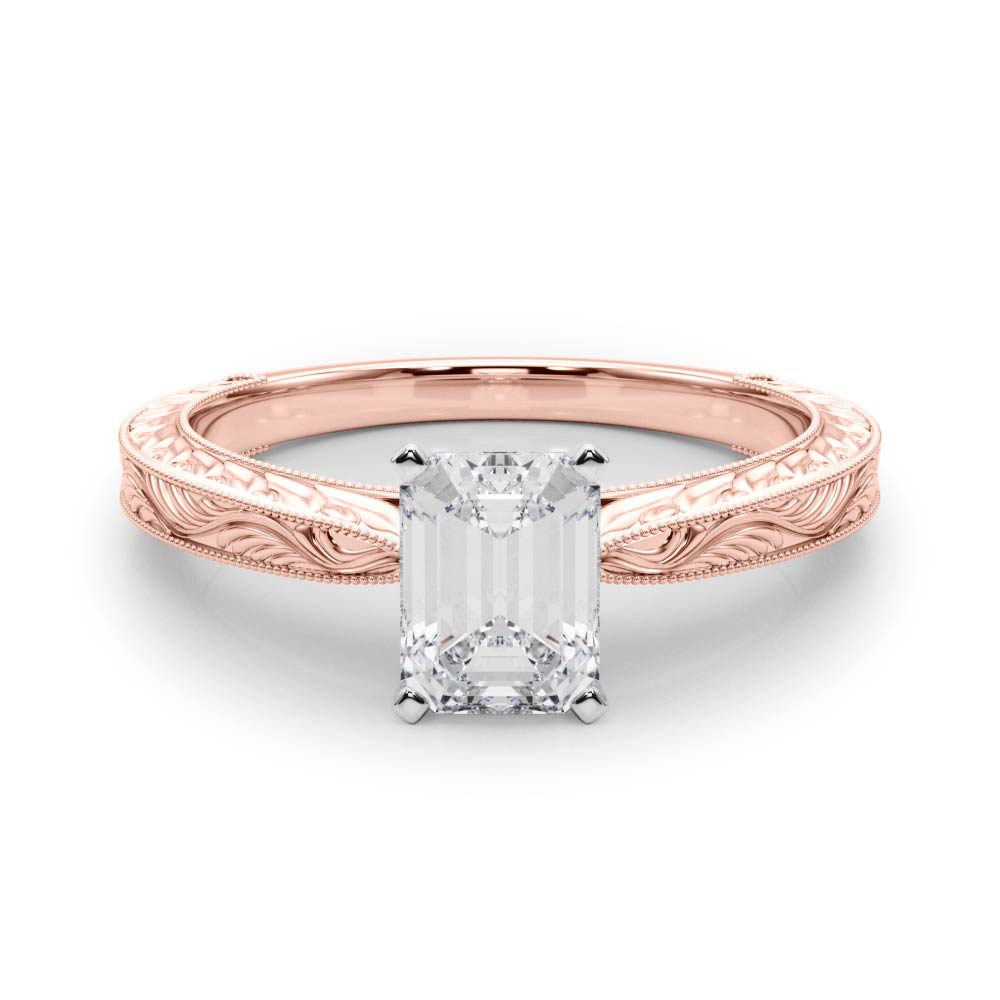 Rose gold Radiant Solitaire Milgrain Engraved Band with Four-Prong Setting