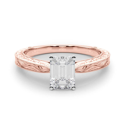 Rose gold Radiant Solitaire Milgrain Engraved Band with Four-Prong Setting