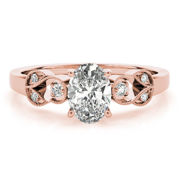 Rose gold Radiant Solitaire Milgrain Leaf Band with Prong Setting