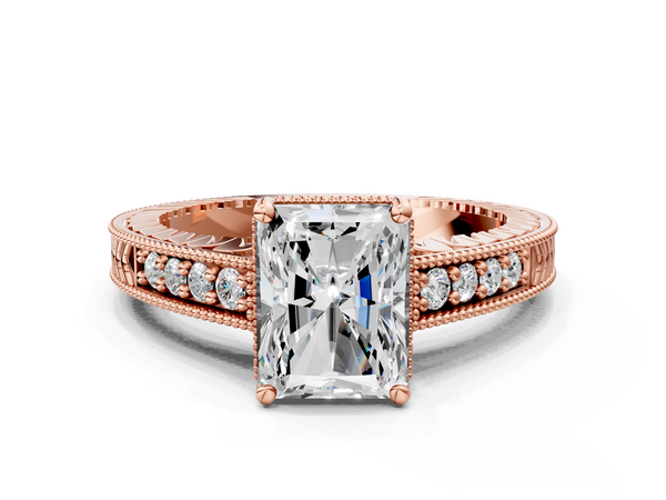 Rose gold Radiant Solitaire Pavé Diamond Milgrain Engagement Ring with Four-Prong Setting