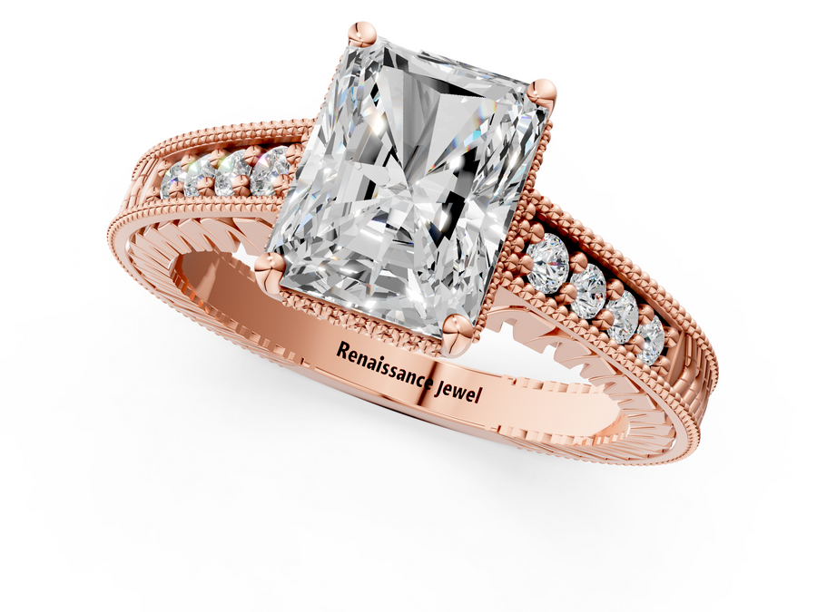 Rose gold Radiant Solitaire Pavé Diamond Milgrain Engagement Ring with Four-Prong Setting