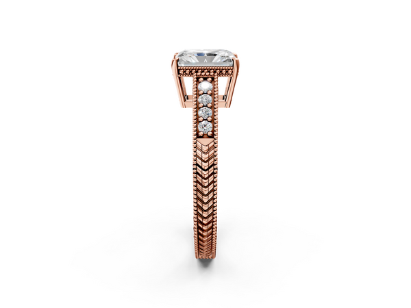 Rose gold Radiant Solitaire Pavé Diamond Milgrain Engagement Ring with Four-Prong Setting