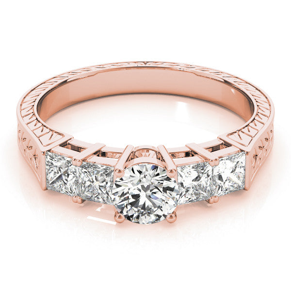 Rose gold Pear Solitaire Princess Side Stone Engraved Band Prong Setting Ring