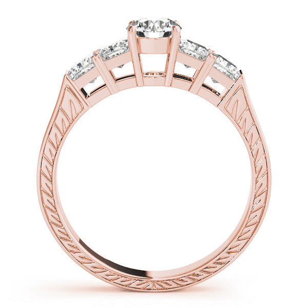 Rose gold Pear Solitaire Princess Side Stone Engraved Band Prong Setting Ring