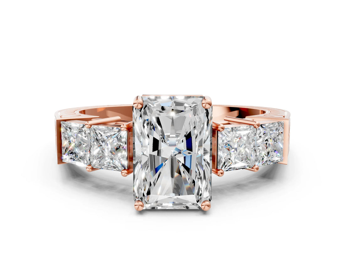 Rose gold Radiant Solitaire Princess Side Stone Engraved Band Prong Setting Ring_3