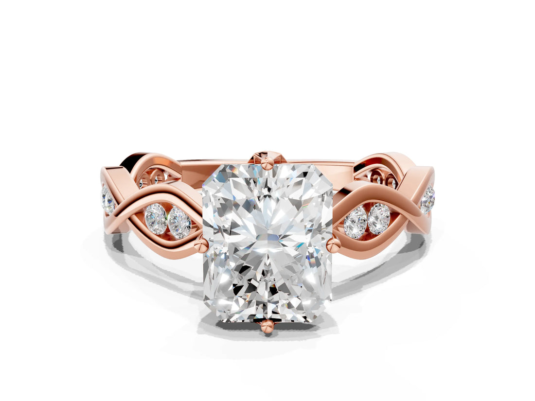 Rose gold Radiant Solitaire Twist Band with Leaf Prong Setting 1