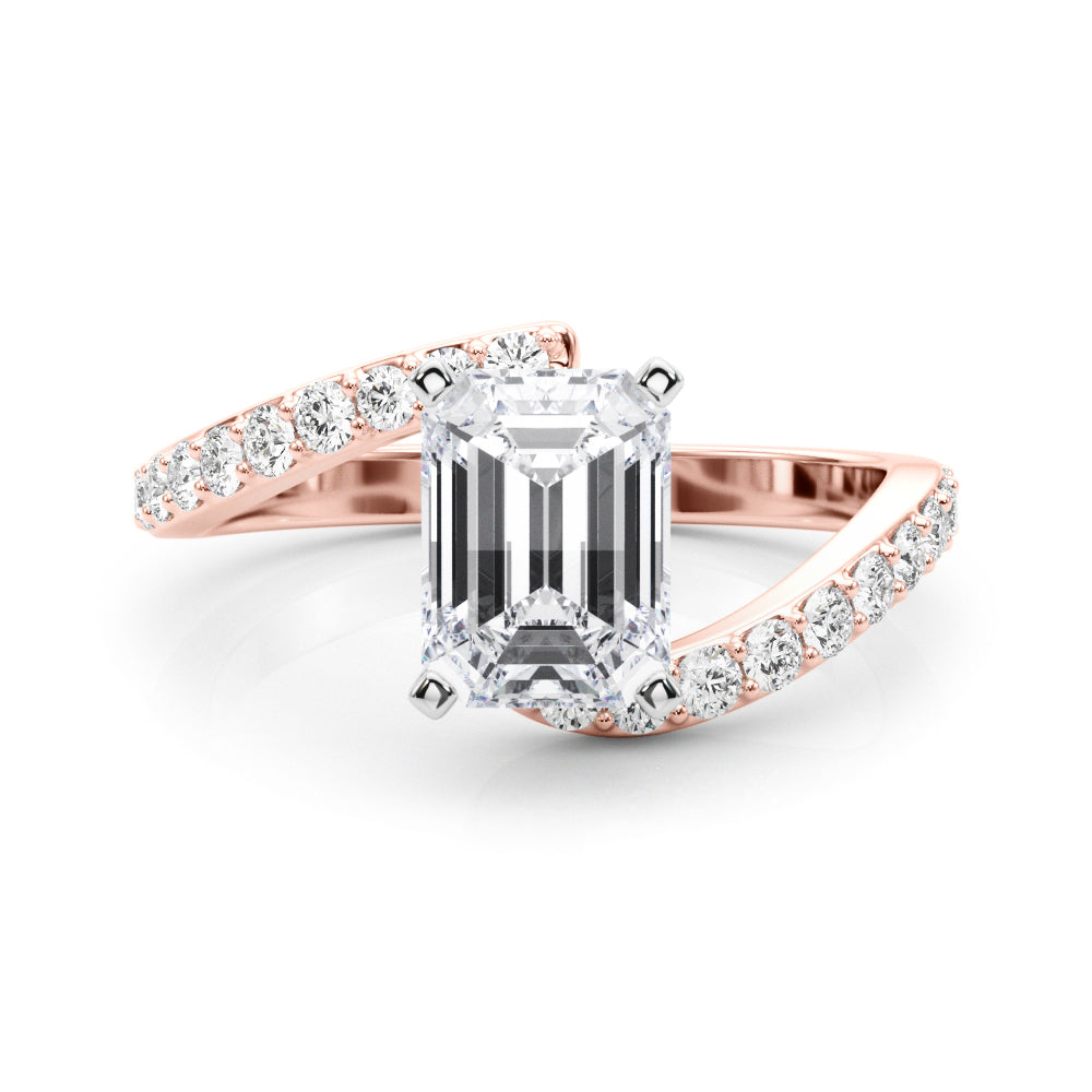 Rose gold Radiant Solitaire Twist Band with Pave Set Diamonds and Four-Prong Setting