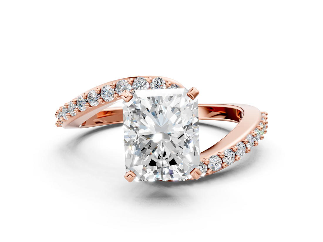 Rose gold Radiant Solitaire Twist Band with Pave Set Diamonds and Four-Prong Setting_144